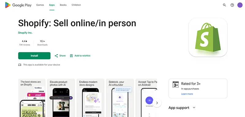 Official Shopify app listing displaying the mobile store management advantages of Shopify